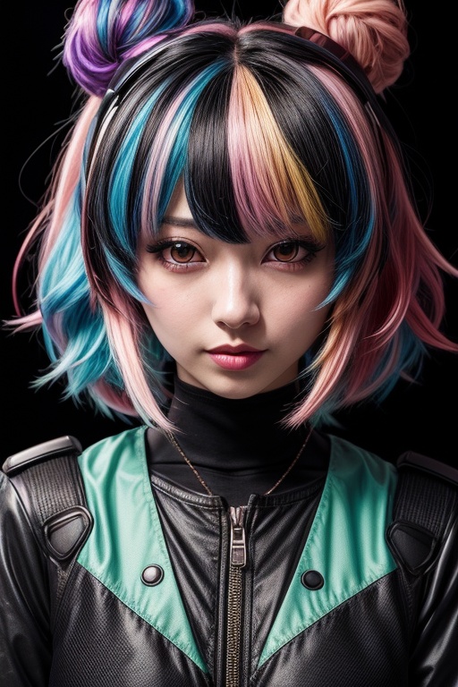 a close up of a person with a colorful hair and a black background,  anime style mixed with fujifilm,  anime vibes on Tens...