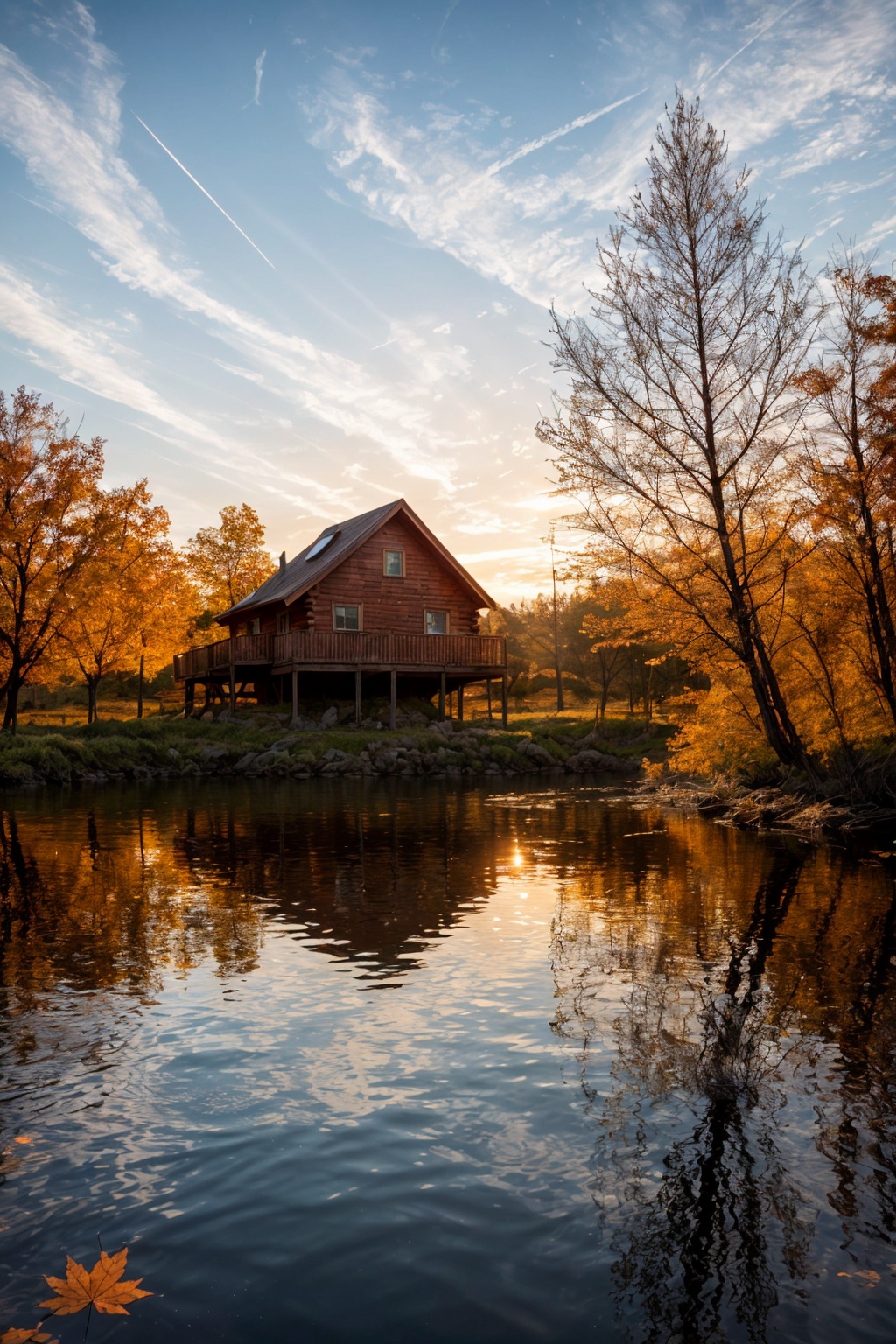 Wooden cabin in the midle of Lake,  perfect sunset light on far away,  golden rays on Tensor.Art
