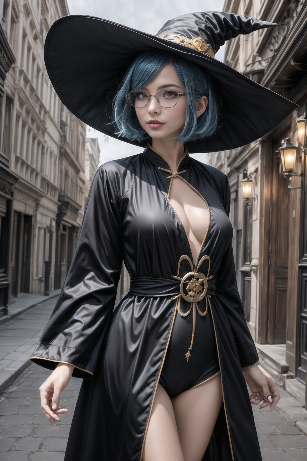 anime style portrait of a beautiful halloween glasses elder witch wearing (black magic robe),  , on Tensor.Art