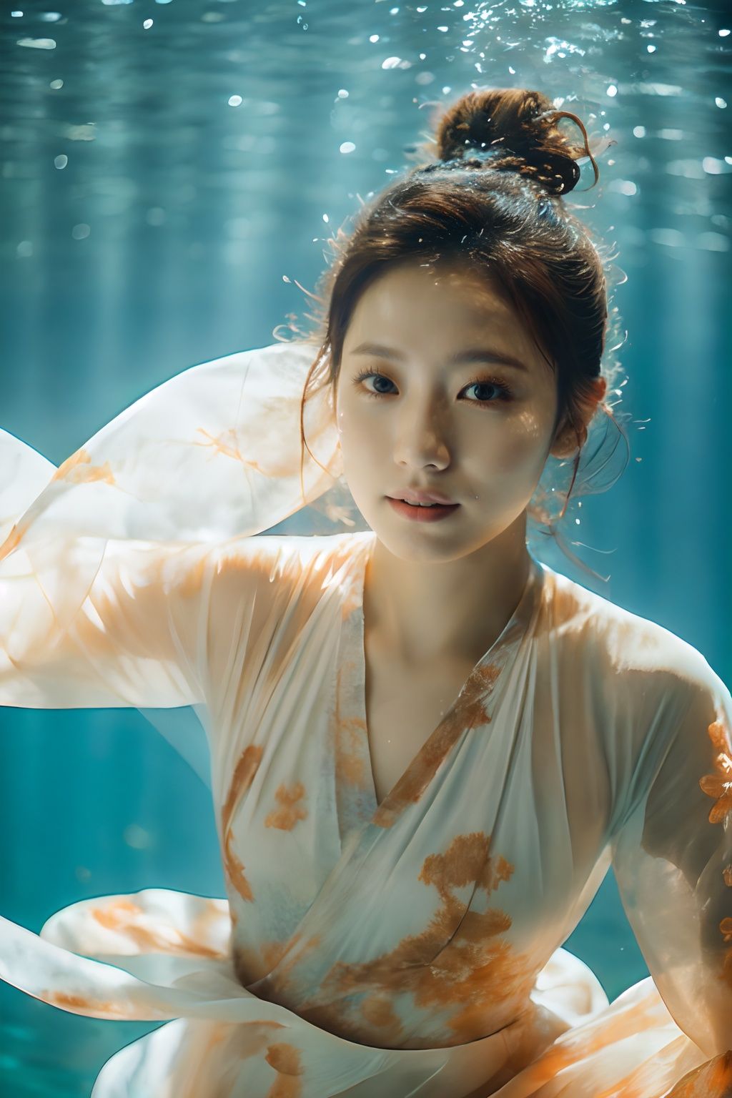 (masterpiece), underwater, 1girl, dressing in Dunhuang costumes, swimming underwater, dance posture, (finely detailed beautiful face), gazing at the camera, Dunhuang style, exquisite hair bun, orange and blue, exquisite face, light hitting the face, (strong contrast), Tang Dynasty, underwater photography, perfect hand, Back light, film photography, light and space, light art, Surrealism, full details, photography, Harsh contrast, foreground, Full Length Shot(FLS), Dystopian Landscape, Surreallandscape, Underwater world, Chemiluminescence, Flare, cinematic, ink render, Hanfu, Chinese costume, Tradition Chinese Ink Painting style, <lora:uwl-8:0.9>