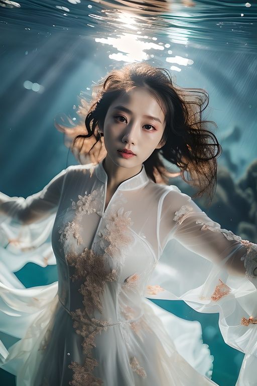 (masterpiece), underwater, 1girl, dressing in Dunhuang costumes, swimming underwater, dance posture, (finely detailed beautiful face), gazing at the camera, Dunhuang style, exquisite hair bun, orange and blue, exquisite face, light hitting the face, (strong contrast), Tang Dynasty, underwater photography, perfect hand, Back light, film photography, light and space, light art, Surrealism, full details, photography, Harsh contrast, foreground, Full Length Shot(FLS), Dystopian Landscape, Surreallandscape, Underwater world, Chemiluminescence, Flare, cinematic, ink render, Hanfu, Chinese costume, Tradition Chinese Ink Painting style,