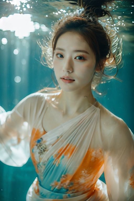 (masterpiece), underwater, 1girl, dressing in Dunhuang costumes, swimming underwater, dance posture, (finely detailed beautiful face), gazing at the camera, Dunhuang style, exquisite hair bun, orange and blue, exquisite face, light hitting the face, (strong contrast), Tang Dynasty, underwater photography, perfect hand, Back light, film photography, light and space, light art, Surrealism, full details, photography, Harsh contrast, foreground, Full Length Shot(FLS), Dystopian Landscape, Surreallandscape, Underwater world, Chemiluminescence, Flare, cinematic, ink render, Hanfu, Chinese costume, Tradition Chinese Ink Painting style, <lora:uwl-8:0.9>