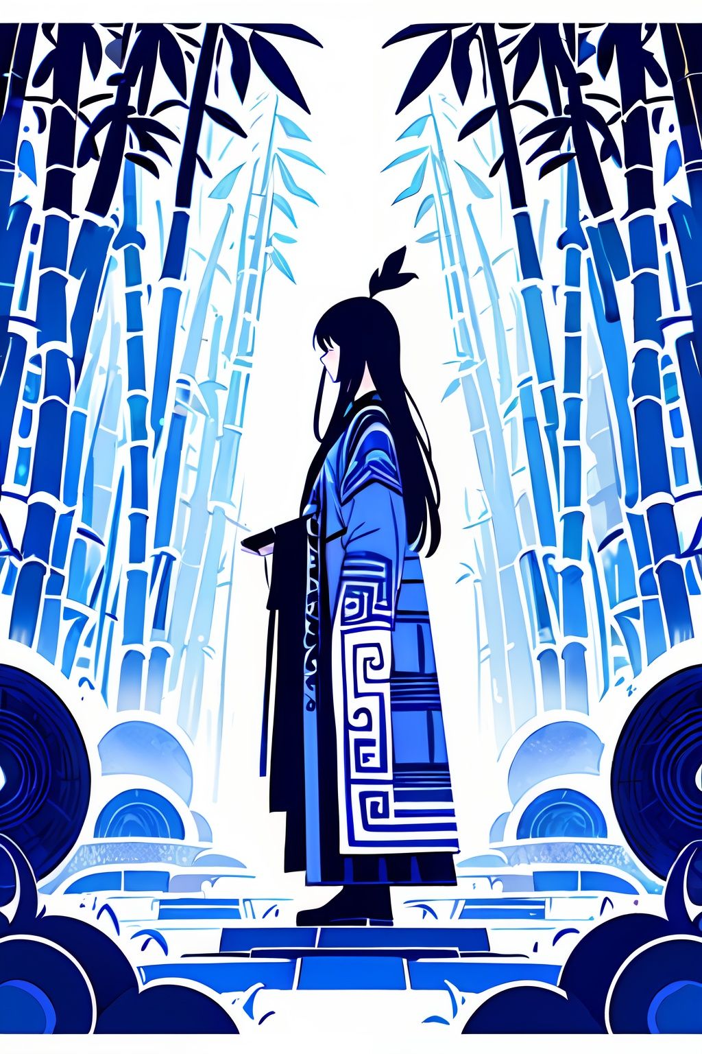 banhua, doodle, 1girl, long hair, standing, (bamboo forest:1.2), profile, totem, robe, Chinese clothes, mythic, cloud, monochrome, simple background,(masterpiece:1,2), best quality, masterpiece, highres, original, extremely detailed wallpaper, perfect lighting,(extremely detailed CG:1.2)<lora:QHCBH-000014:0.7>