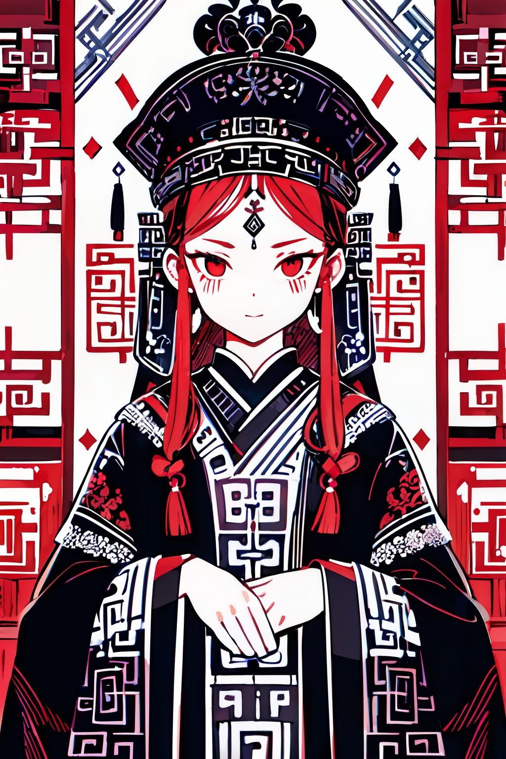 banhua, doodle, red theme, 1girl, totem, robe, Chinese clothes, Close-Up, mythic, monochrome,(masterpiece:1,2), best quality, masterpiece, highres, original, extremely detailed wallpaper, perfect lighting,(extremely detailed CG:1.2)<lora:QHCBH-000014:0.7>