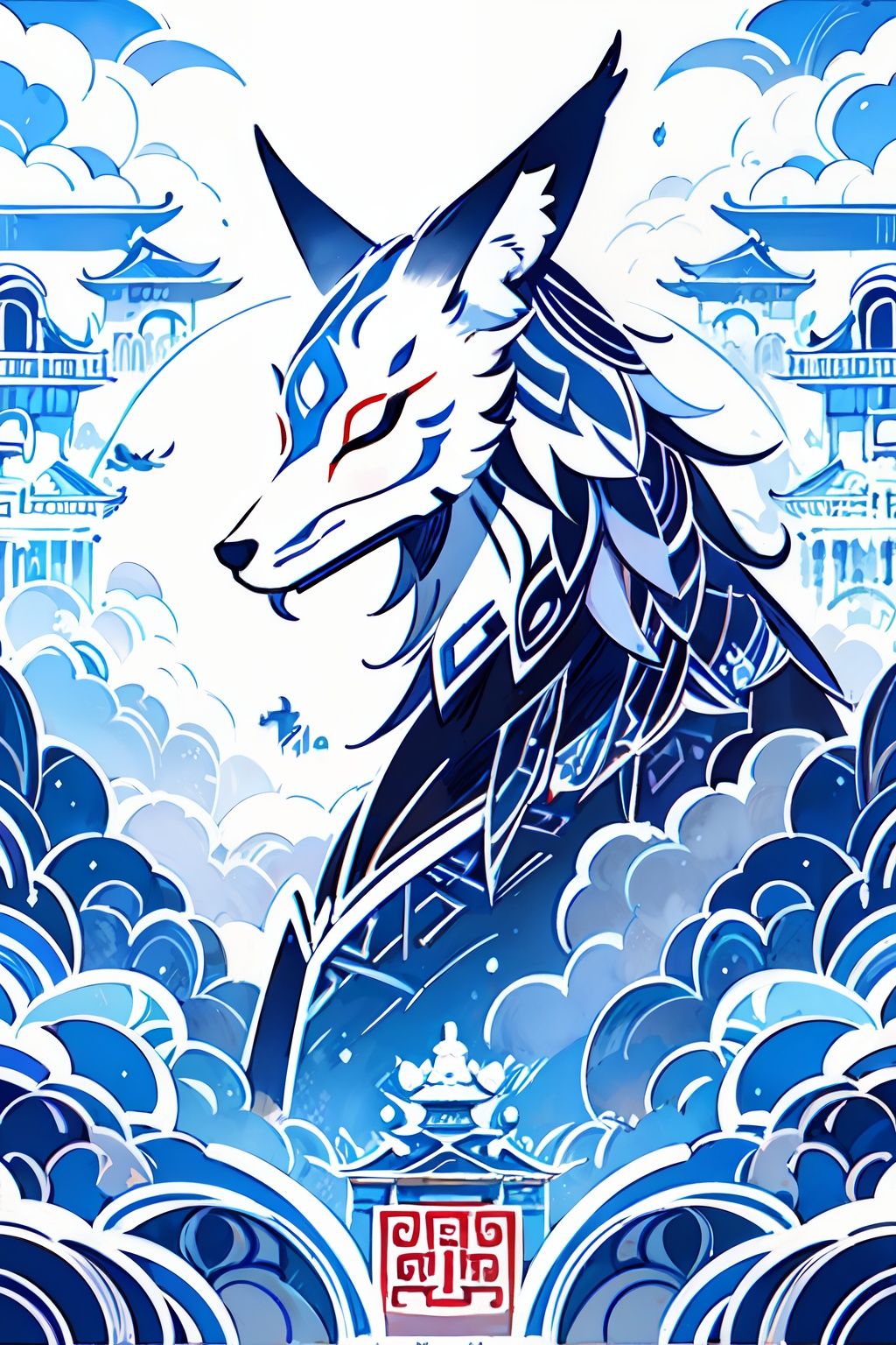 banhua,doodle, 1other, white fox, robe, weapon, profile, cloud, above water, magic circle, monochrome, parody, solo, Chinese clothes, totem, wave, bird, mythological,(masterpiece:1,2), best quality, masterpiece, highres, original, extremely detailed wallpaper, perfect lighting,(extremely detailed CG:1.2)<lora:QHCBH-000014:0.8>