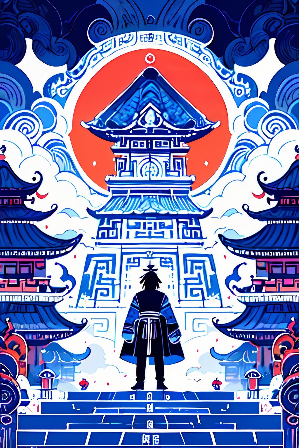 banhua, doodle, 1boy, short hair, (sun symbolic:1.2), sky, Chinese style pavilion, totem, robe, Chinese clothes, mythic, cloud, monochrome, simple background,(masterpiece:1,2), best quality, masterpiece, highres, original, extremely detailed wallpaper, perfect lighting,(extremely detailed CG:1.2) <lora:青花版画-风格:0.7>