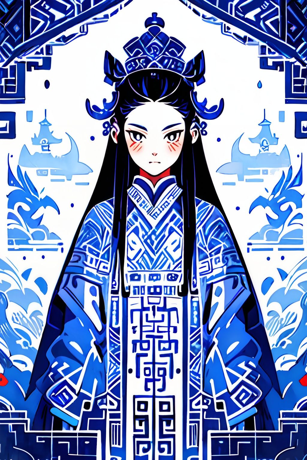 banhua, doodle, 1 girl, long hair， (wearing a dress), underwater, totem, robe, Chinese clothes, mythic, fish, monochrome, (masterpiece:1,2), best quality, masterpiece, highres, original, extremely detailed wallpaper, perfect lighting,(extremely detailed CG:1.2) <lora:青花版画-泛用:0.8>