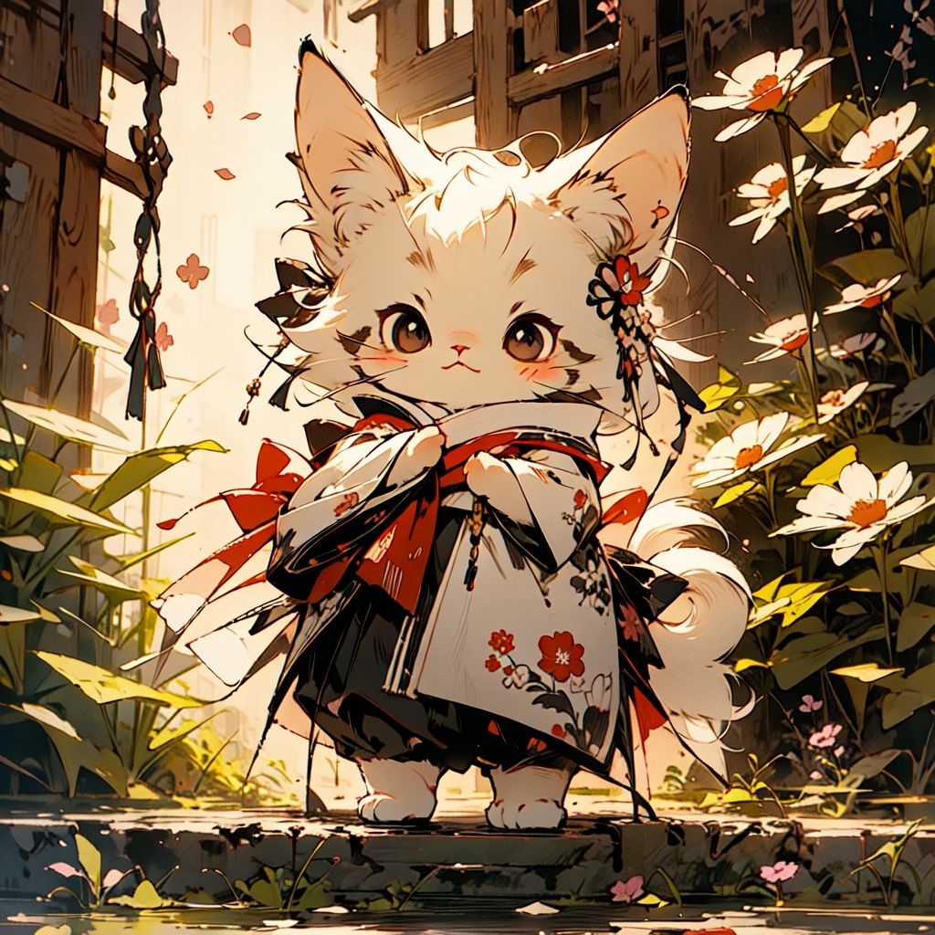 maomi, cat, 1girl, white hair, chibi,cute,full body,standing,falling flower(masterpiece:1,2), best quality, masterpiece, highres, original, extremely detailed wallpaper, perfect lighting,(extremely detailed CG:1.2)