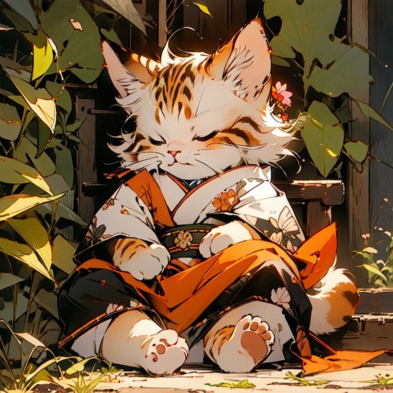 maomi, cat, 1boy, amber hair, closed eyes, chibi, cute, Chinese clothes, male-focused, full body, sitting, sleeping, falling flower, deciduous, outdoor, cloud,simple background(masterpiece:1,2), best quality, masterpiece, highres, original, extremely detailed wallpaper, perfect lighting,(extremely detailed CG:1.2)     <lora:maomi-00003:0.8>