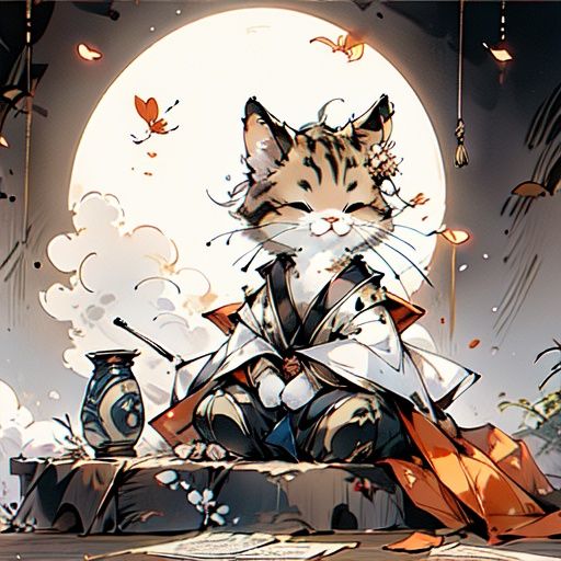 maomi, cat, 1boy, amber hair, closed eyes, chibi, cute, Chinese clothes, male-focused, full body, sitting, sleeping, falling flower, deciduous, outdoor, cloud,simple background(masterpiece:1,2), best quality, masterpiece, highres, original, extremely detailed wallpaper, perfect lighting,(extremely detailed CG:1.2)     <lora:maomi-00003:0.8>