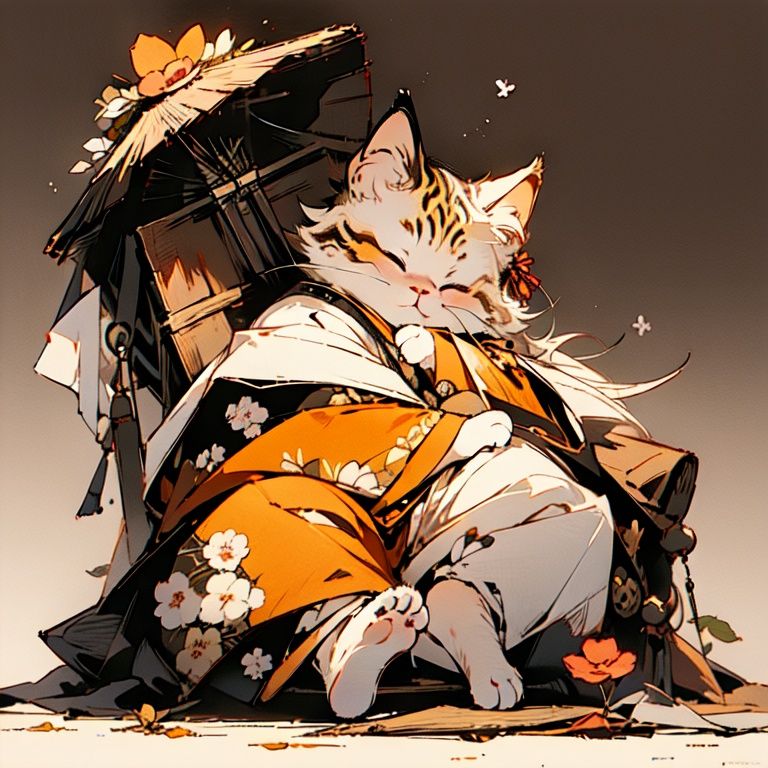 maomi, cat, 1boy, amber hair, closed eyes, chibi, cute, Chinese clothes, male-focused, full body, sitting, sleeping, falling flower, deciduous, outdoor, cloud,simple background(masterpiece:1,2), best quality, masterpiece, highres, original, extremely detailed wallpaper, perfect lighting,(extremely detailed CG:1.2)     <lora:maomi-00003:0.8>