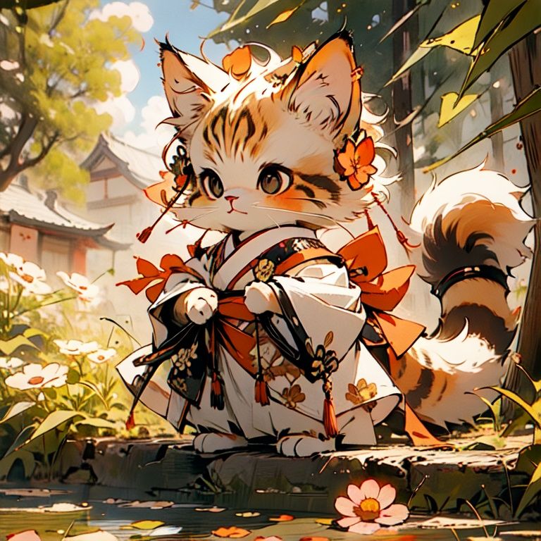 maomi, cat, 1girl, amber hair, chibi, cute, Chinese clothes,upper body,standing,falling flower, deciduous, outdoor,cloud,(masterpiece:1,2), best quality, masterpiece, highres, original, extremely detailed wallpaper, perfect lighting,(extremely detailed CG:1.2)     <lora:maomi-00003:0.8>