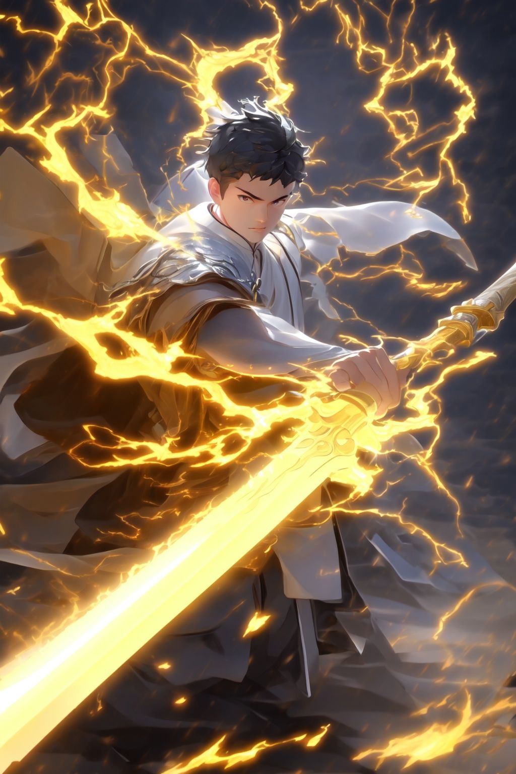  Best quality, 8k, cg,Hyperdetail,1boy,Lightning, battle, details, Holding a sword,Real Sword,Ancient Chinese Xiake