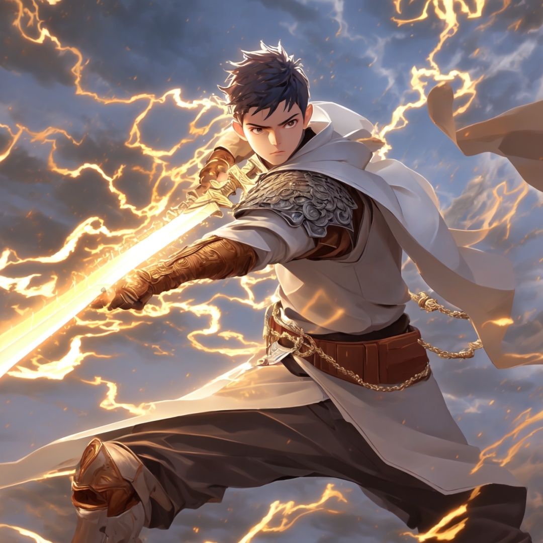  Best quality, 8k, cg,Hyperdetail,1boy,Lightning, battle, details, Holding a sword,Real Sword,knight-errant