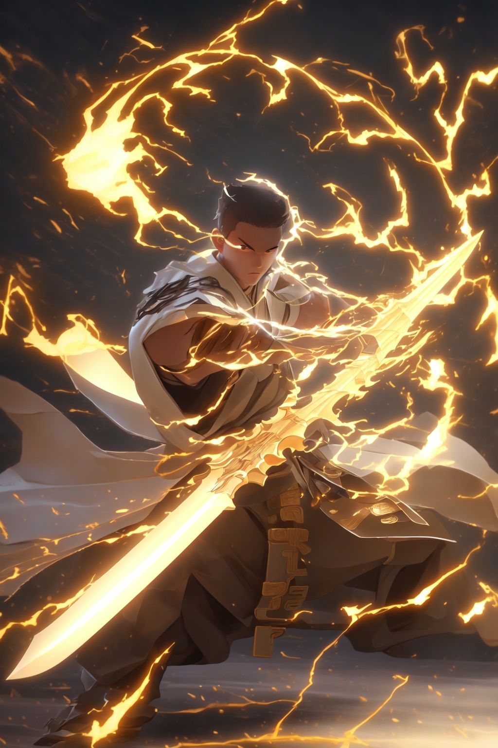  Best quality, 8k, cg,Hyperdetail,1boy,Lightning, battle,  details, Holding a sword,Real Sword,Ancient Chinese Xiake