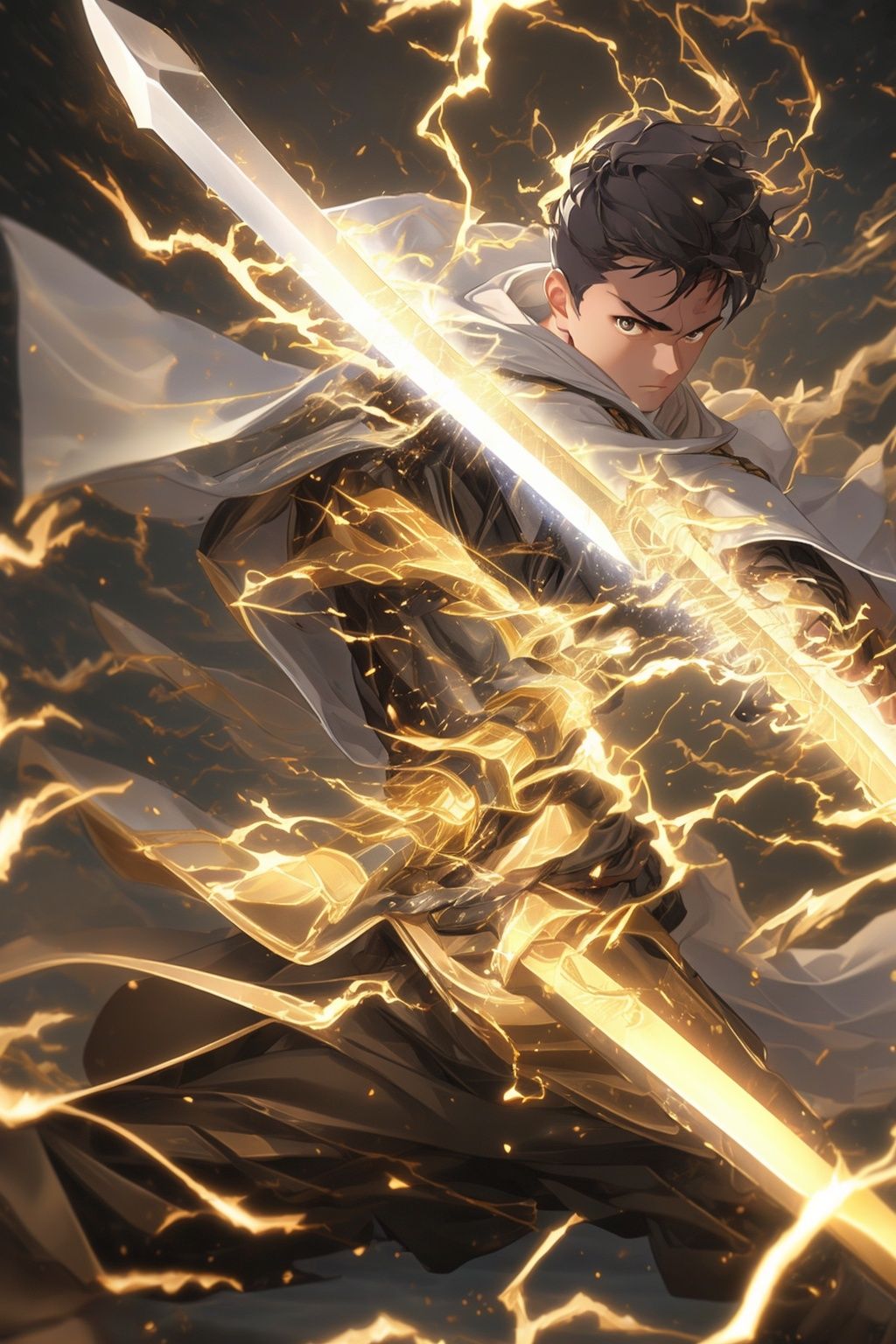 Best quality, 8k, cg,Hyperdetail,1boy,Lightning, battle,  details, Holding a sword,Real Sword,knight-errant