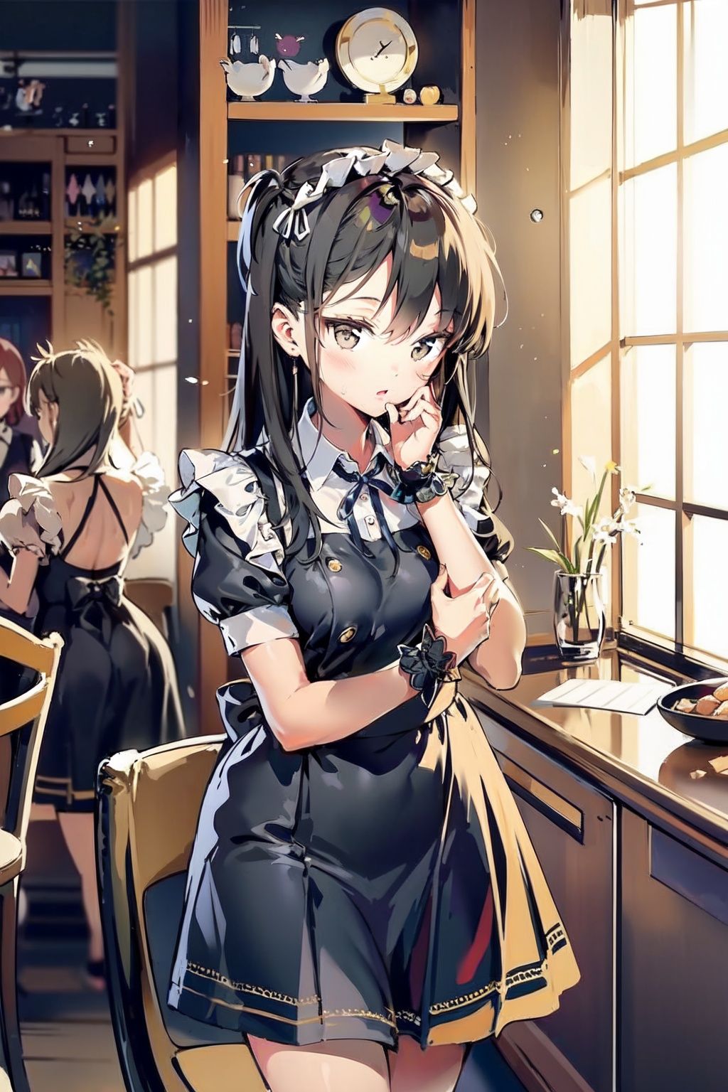  tray,blush,solo focus,holding tray,maid headdress,brown eyes,black hair,parted lips,multiple girls,looking at viewer,maid,dress,bangs,indoors,black dress,short sleeves,holding,blurry,depth of field,window,blurry background,long hair,apron,puffy sleeves,3girls,day,puffy short sleeves,wrist cuffs,collared dress,waitress,head tilt,sunlight,standing,chair,frills,shirt,sailor collar,(detailed eyes:1.5),