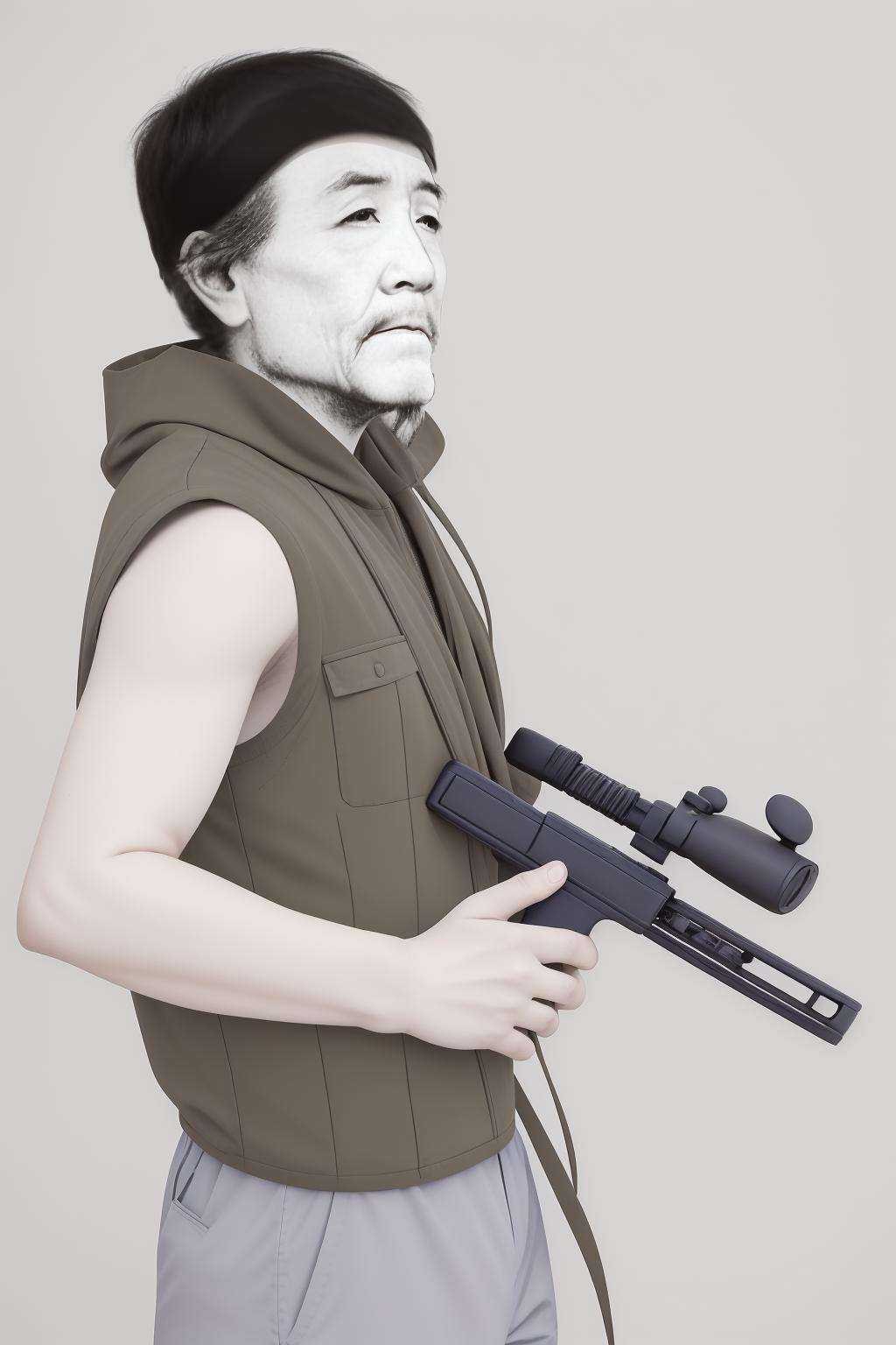 1boy,<lora:dufu_v1_base:0.6>,holding a gun,