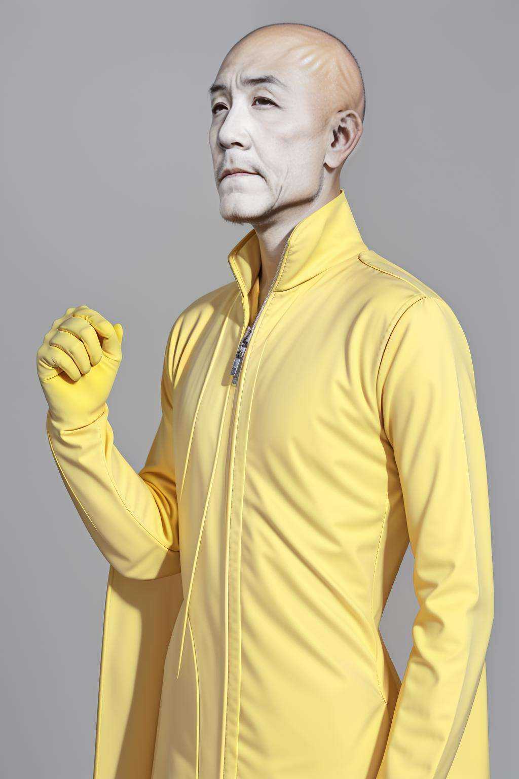 1boy,<lora:dufu_v1_base:0.5>,one punch man,bald,yellow tight clothing,cloak,red gloves,
