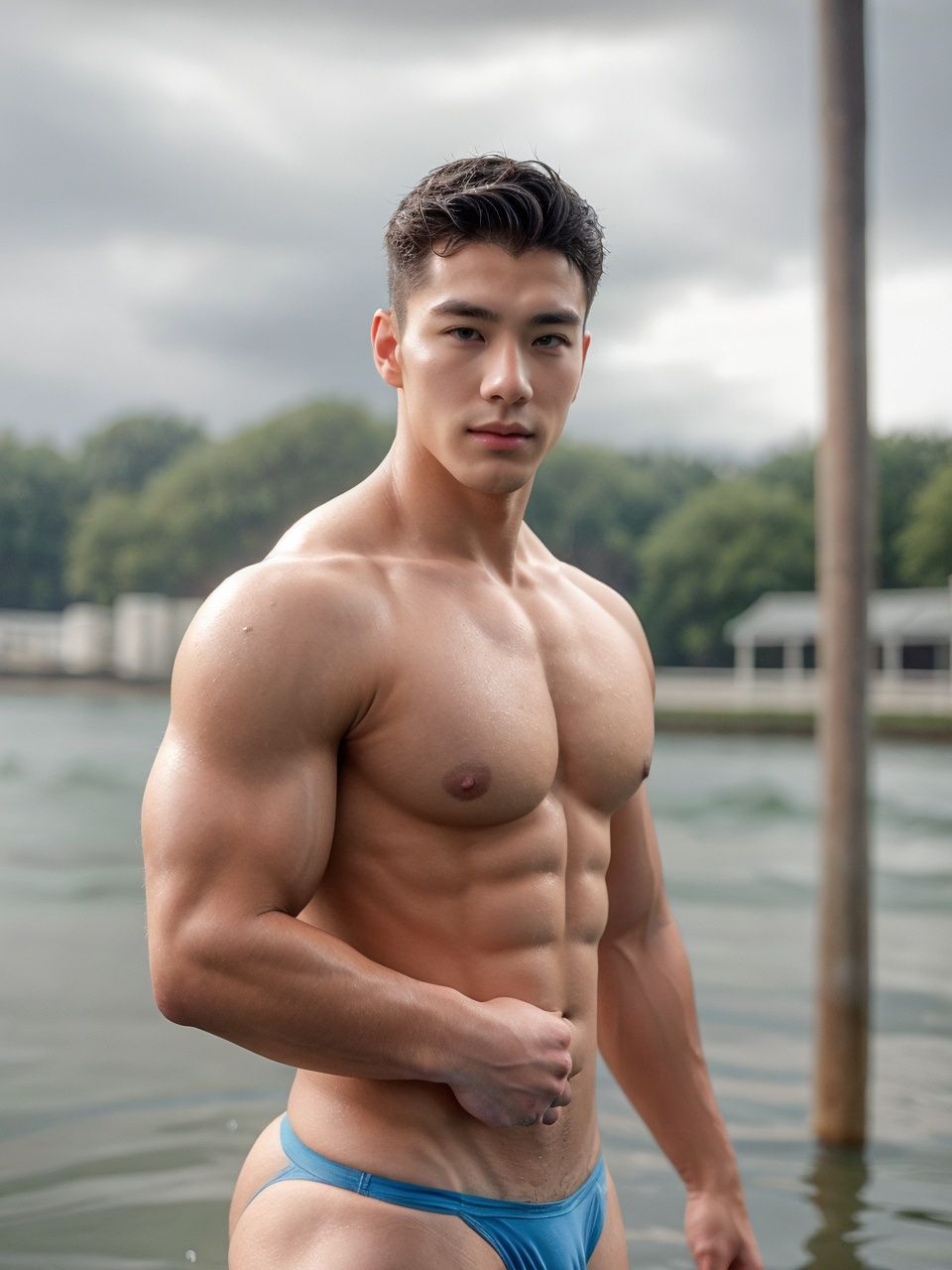 Masculine boy,  Handsome,  Rainy days in the morning on Tensor.Art