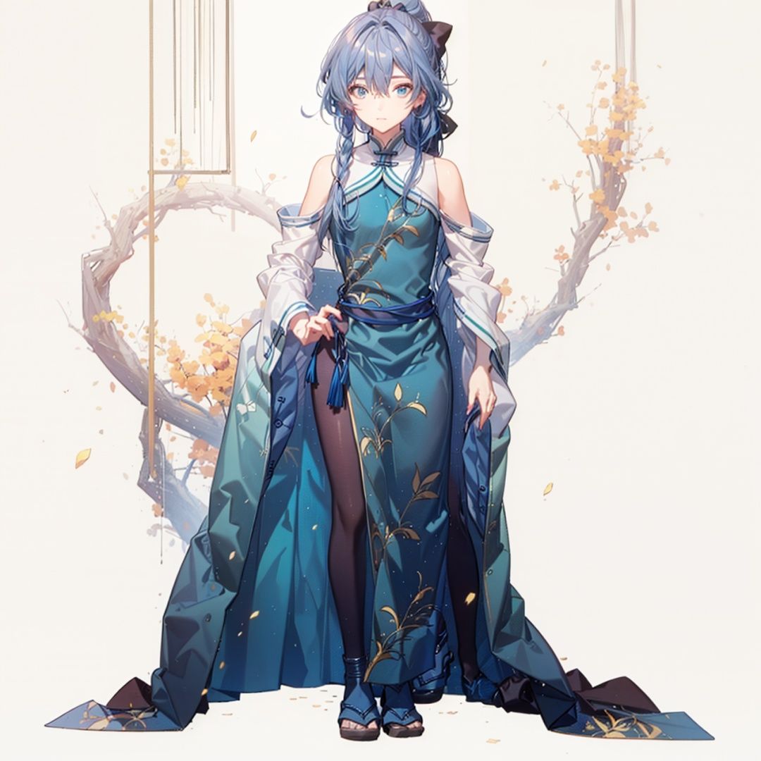 (masterpiece:1.3),(the best quality:1.2),(super fine illustrations:1.2),(Masterpiece),high quality,high detail,(white background:1.2),looking at viewer,(SOLO:1.4),outline,simple background,, blue eyes,hair between eyes,bare shoulders,very long hair,chinese clothes,china dress,grey hair,fu hua,jewelry,pantyhose,ponytail,wide sleeves,hair bow,blue bow,bangs,hair ornament,detached sleeves,green dress,aqua dress,thighhighs,footwear,black legwear,messy hair,