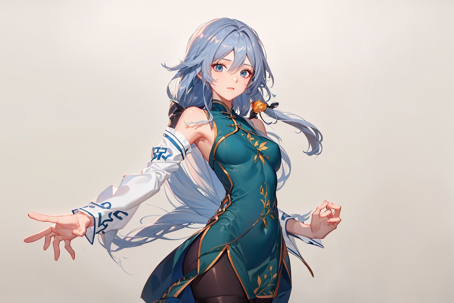 (masterpiece:1.3),(the best quality:1.2),(super fine illustrations:1.2),(Masterpiece),high quality,high detail,(white background:1.2),looking at viewer,(SOLO:1.4),outline,simple background,, blue eyes,hair between eyes,bare shoulders,very long hair,chinese clothes,china dress,grey hair,fu hua,jewelry,pantyhose,ponytail,wide sleeves,hair bow,blue bow,bangs,hair ornament,detached sleeves,green dress,aqua dress,thighhighs,footwear,black legwear,messy hair,