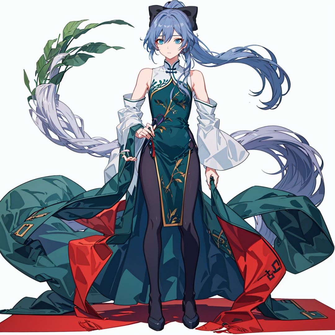 (masterpiece:1.3),(the best quality:1.2),(super fine illustrations:1.2),(Masterpiece),high quality,high detail,(white background:1.2),looking at viewer,(SOLO:1.4),outline,simple background,, blue eyes,hair between eyes,bare shoulders,very long hair,chinese clothes,china dress,grey hair,fu hua,jewelry,pantyhose,ponytail,wide sleeves,hair bow,blue bow,bangs,hair ornament,detached sleeves,green dress,aqua dress,thighhighs,footwear,black legwear,messy hair,