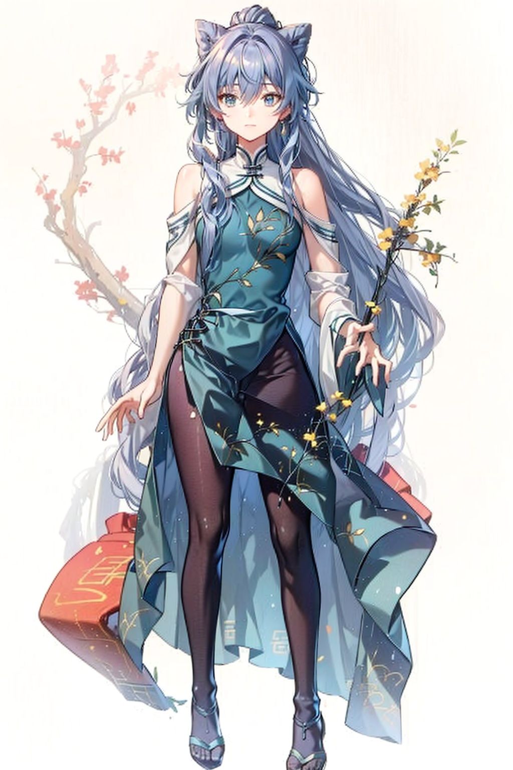 (masterpiece:1.3),(the best quality:1.2),(super fine illustrations:1.2),(Masterpiece),high quality,high detail,(white background:1.2),looking at viewer,(SOLO:1.4),outline,simple background,, blue eyes,hair between eyes,bare shoulders,very long hair,chinese clothes,china dress,grey hair,fu hua,jewelry,pantyhose,ponytail,wide sleeves,hair bow,blue bow,bangs,hair ornament,detached sleeves,green dress,aqua dress,thighhighs,footwear,black legwear,messy hair,
