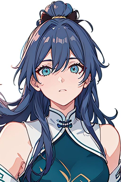 (masterpiece:1.3),(the best quality:1.2),(super fine illustrations:1.2),(Masterpiece),high quality,high detail,(white background:1.2),looking at viewer,(SOLO:1.4),outline,simple background,<lora:符华-旗袍-新春:0.8>, blue eyes,hair between eyes,bare shoulders,very long hair,chinese clothes,china dress,grey hair,fu hua,jewelry,pantyhose,ponytail,wide sleeves,hair bow,blue bow,bangs,hair ornament,detached sleeves,green dress,aqua dress,thighhighs,footwear,black legwear,messy hair,