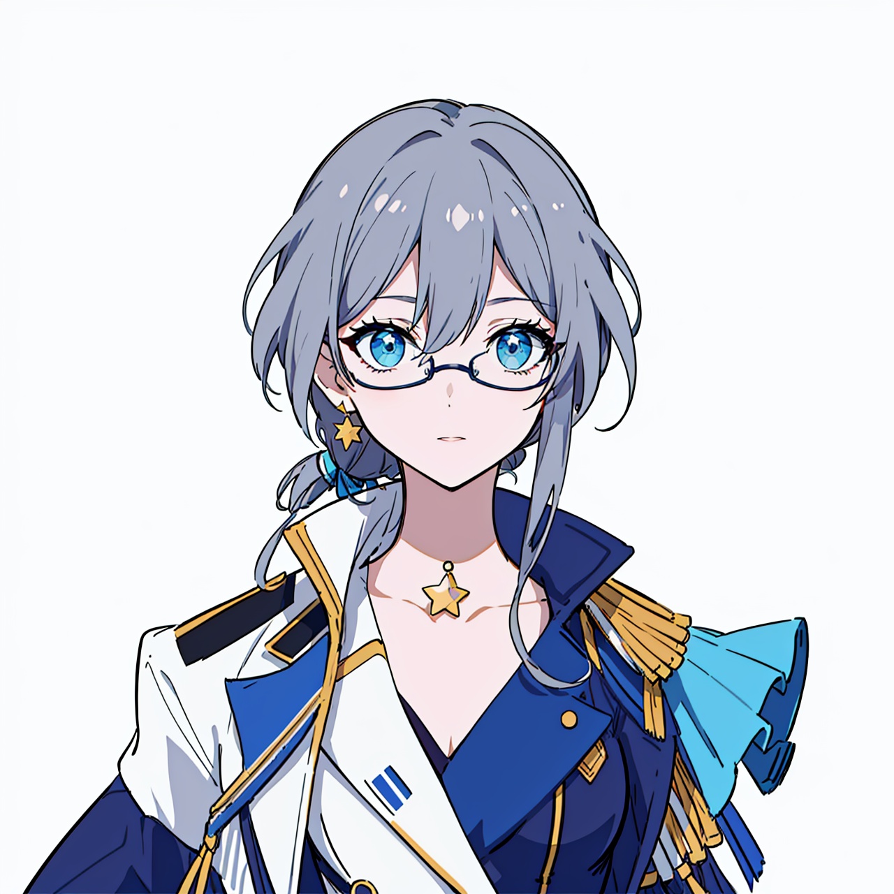  (masterpiece:1.3),(the best quality:1.2),(super fine illustrations:1.2),(Masterpiece),high quality,high detail,(white background:1.2),looking at viewer,(SOLO:1.4),outline,simplebackground,, boots,shorts,hair between eyes,grey hair,braid,hair ornament,hat,bare shoulder,star choker,ribbon,blue gloves,choker,idol,star necklace,jewelry,jacket,glasses,fu hua,white footwear,skirt,idol clothes,high heels,shirt,thighhighs,