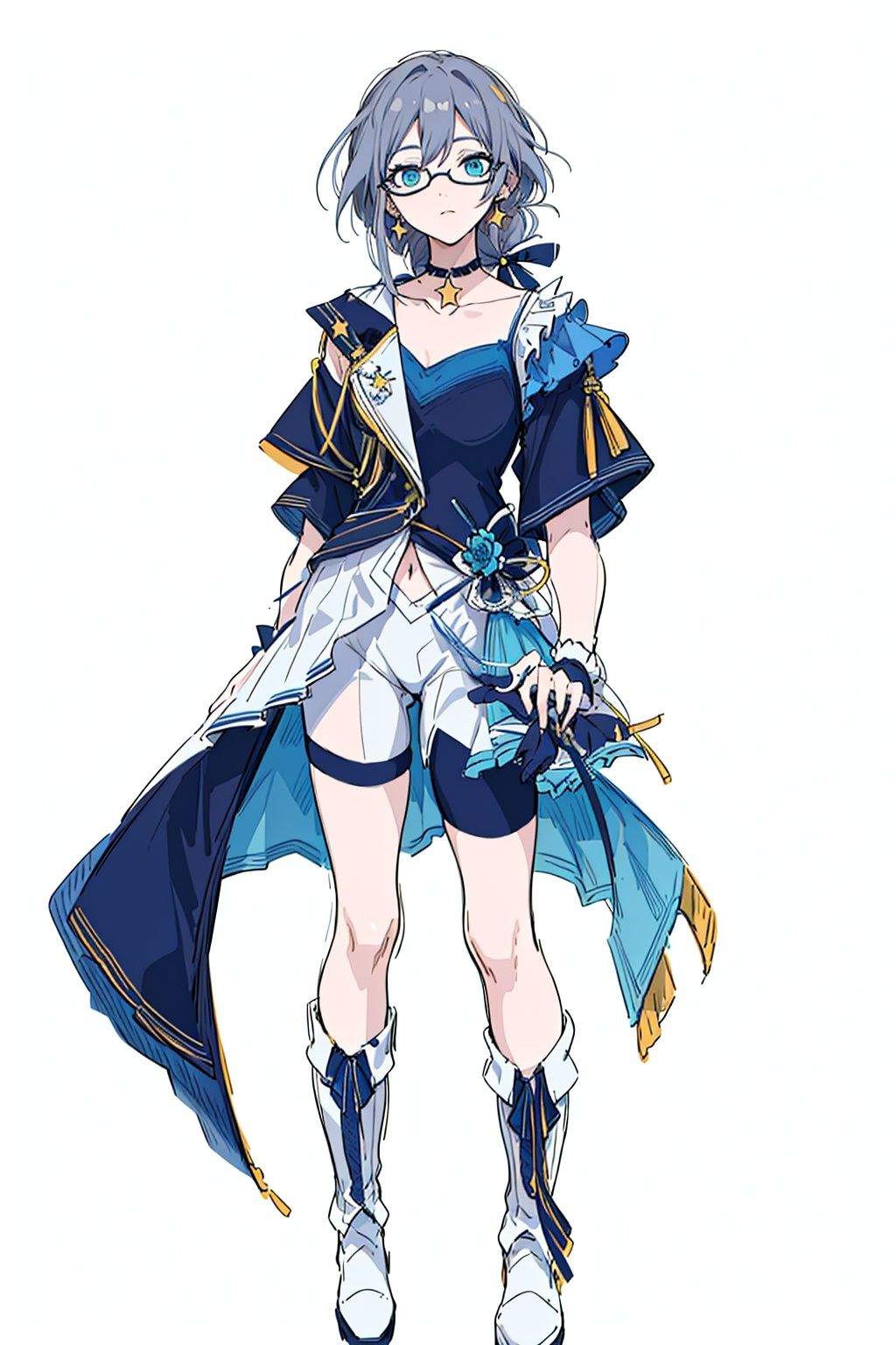 (masterpiece:1.3),(the best quality:1.2),(super fine illustrations:1.2),(Masterpiece),high quality,high detail,(white background:1.2),looking at viewer,(SOLO:1.4),outline,simple background,<lora:符华-歌姬-立牌:0.8>, boots,shorts,hair between eyes,grey hair,braid,hair ornament,hat,bare shoulder,star choker,ribbon,blue gloves,choker,idol,star necklace,jewelry,jacket,glasses,fu hua,white footwear,skirt,idol clothes,high heels,shirt,thighhighs,