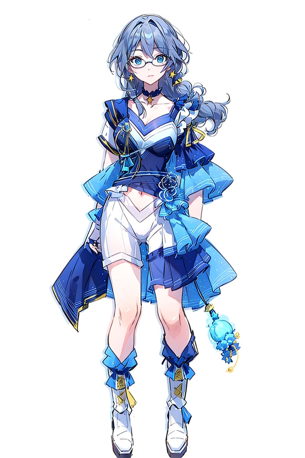(masterpiece:1.3),(the best quality:1.2),(super fine illustrations:1.2),(Masterpiece),high quality,high detail,(white background:1.2),looking at viewer,(SOLO:1.4),outline,simplebackground,, boots,shorts,hair between eyes,grey hair,braid,hair ornament,hat,bare shoulder,star choker,ribbon,blue gloves,choker,idol,star necklace,jewelry,jacket,glasses,fu hua,white footwear,skirt,idol clothes,high heels,shirt,thighhighs,
