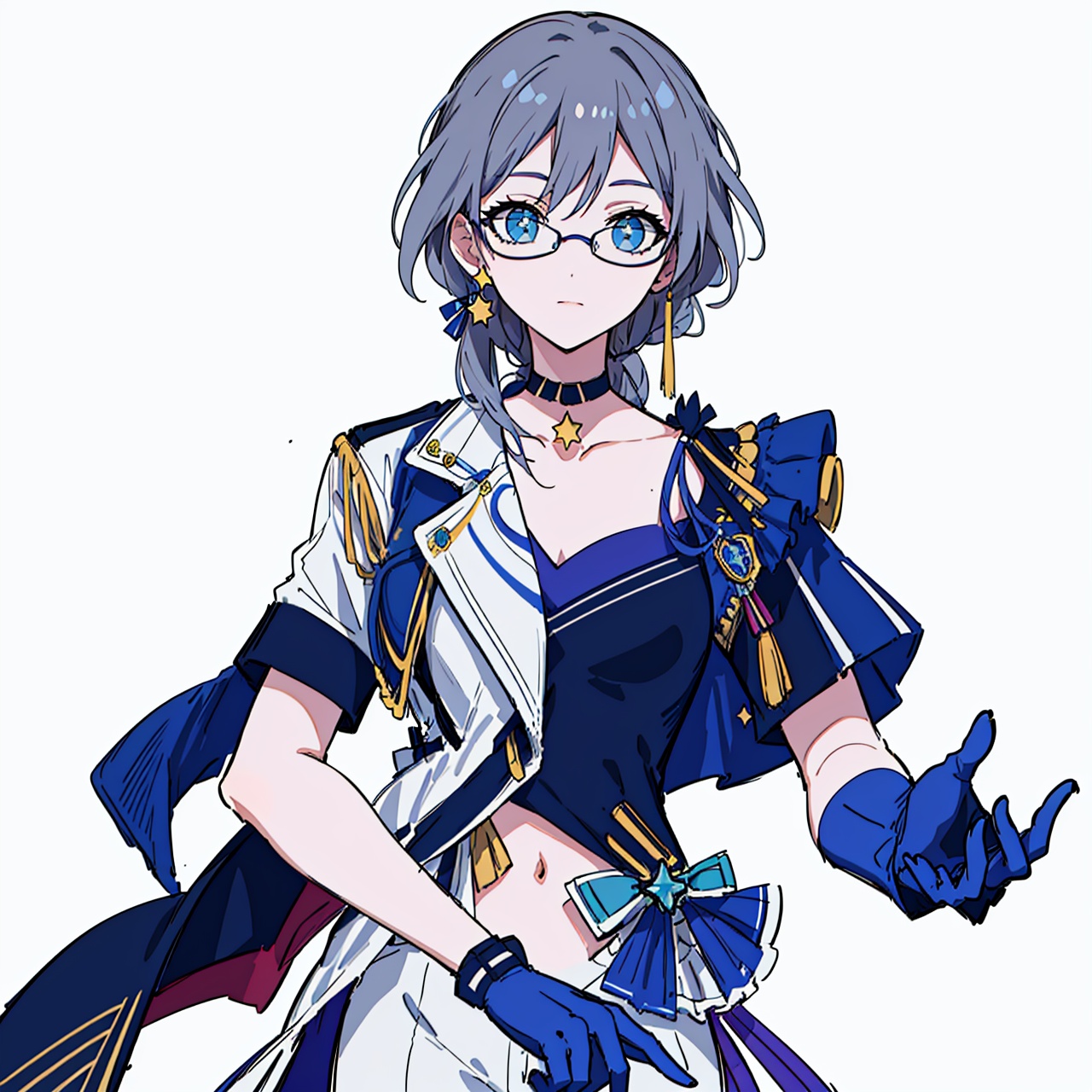  (masterpiece:1.3),(the best quality:1.2),(super fine illustrations:1.2),(Masterpiece),high quality,high detail,(white background:1.2),looking at viewer,(SOLO:1.4),outline,simplebackground,, boots,shorts,hair between eyes,grey hair,braid,hair ornament,hat,bare shoulder,star choker,ribbon,blue gloves,choker,idol,star necklace,jewelry,jacket,glasses,fu hua,white footwear,skirt,idol clothes,high heels,shirt,thighhighs,