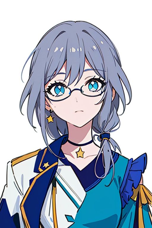 (masterpiece:1.3),(the best quality:1.2),(super fine illustrations:1.2),(Masterpiece),high quality,high detail,(white background:1.2),looking at viewer,(SOLO:1.4),outline,simple background,<lora:符华-歌姬-立牌:0.8>, boots,shorts,hair between eyes,grey hair,braid,hair ornament,hat,bare shoulder,star choker,ribbon,blue gloves,choker,idol,star necklace,jewelry,jacket,glasses,fu hua,white footwear,skirt,idol clothes,high heels,shirt,thighhighs,