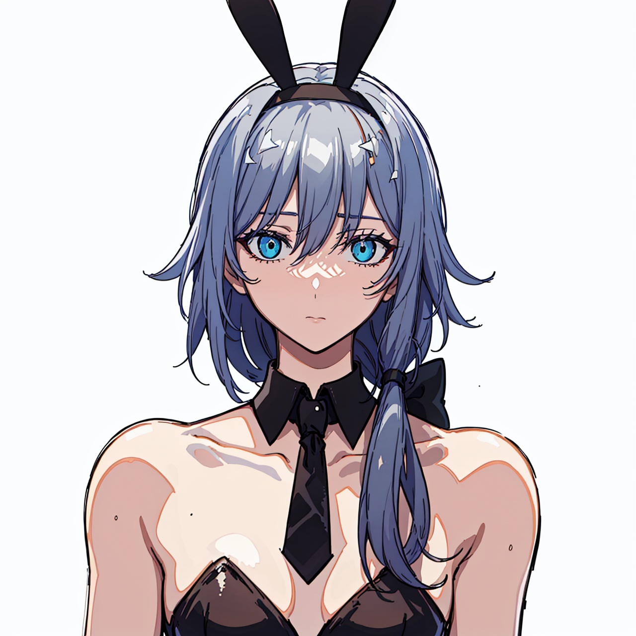  (masterpiece:1.3),(the best quality:1.2),(super fine illustrations:1.2),(Masterpiece),high quality,high detail,(white background:1.2),looking at viewer,(SOLO:1.4),outline,simplebackground,, blue eyes,hair between eyes,grey hair,hairband,black footwear,high heels,collar,hair bow,collarbone,black bowtie,black bow,bare shoulders bare shoulders,arm strap,choker,wrist cuffs,rabbit tail,rabbit ears,low ponytail,leotard,tail,playboy bunny,pantyhose,long hair,animal ears,
