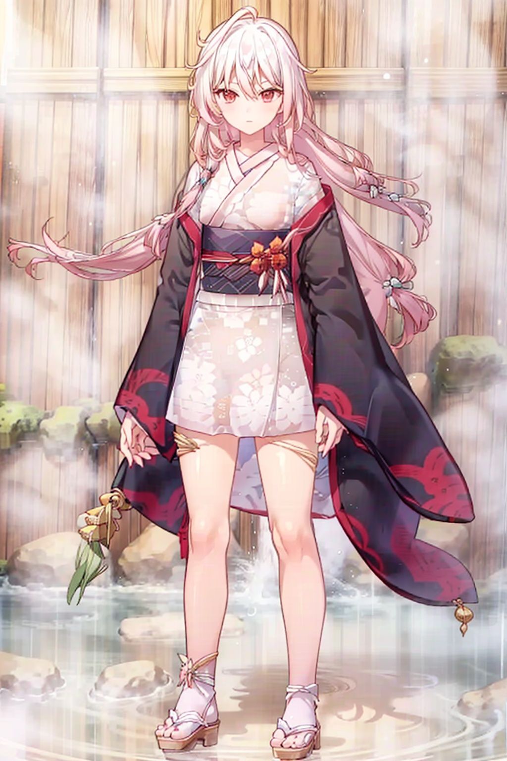 (masterpiece:1.3),(the best quality:1.2),(super fine illustrations:1.2),(Masterpiece),high quality,high detail,(white background:1.2),looking at viewer,(SOLO:1.4),outline,simplebackground,, solo,hair between eyes,red eyes,pink hair,multicolored hair,red hair,short kimono,jewelry,print kimono,very long hair,pink kimono,hair ornament,long sleeves,kimono,japanese clothes,white hair,fu hua,