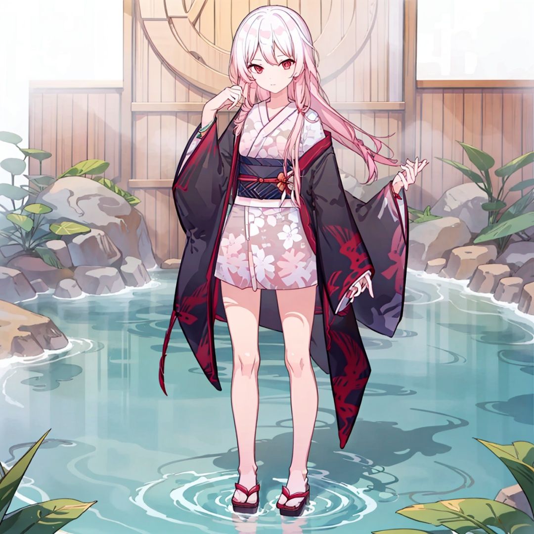 (masterpiece:1.3),(the best quality:1.2),(super fine illustrations:1.2),(Masterpiece),high quality,high detail,(white background:1.2),looking at viewer,(SOLO:1.4),outline,simplebackground,, solo,hair between eyes,red eyes,pink hair,multicolored hair,red hair,short kimono,jewelry,print kimono,very long hair,pink kimono,hair ornament,long sleeves,kimono,japanese clothes,white hair,fu hua,