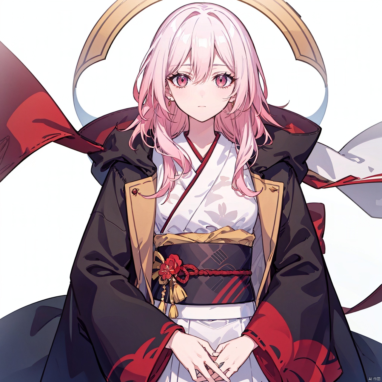 (masterpiece:1.3),(the best quality:1.2),(super fine illustrations:1.2),(Masterpiece),high quality,high detail,(white background:1.2),looking at viewer,(SOLO:1.4),outline,simplebackground,,solo,hair between eyes,red eyes,pink hair,multicolored hair,red hair,short kimono,jewelry,print kimono,very long hair,pink kimono,hair ornament,long sleeves,kimono,japanese clothes,white hair,fu hua,