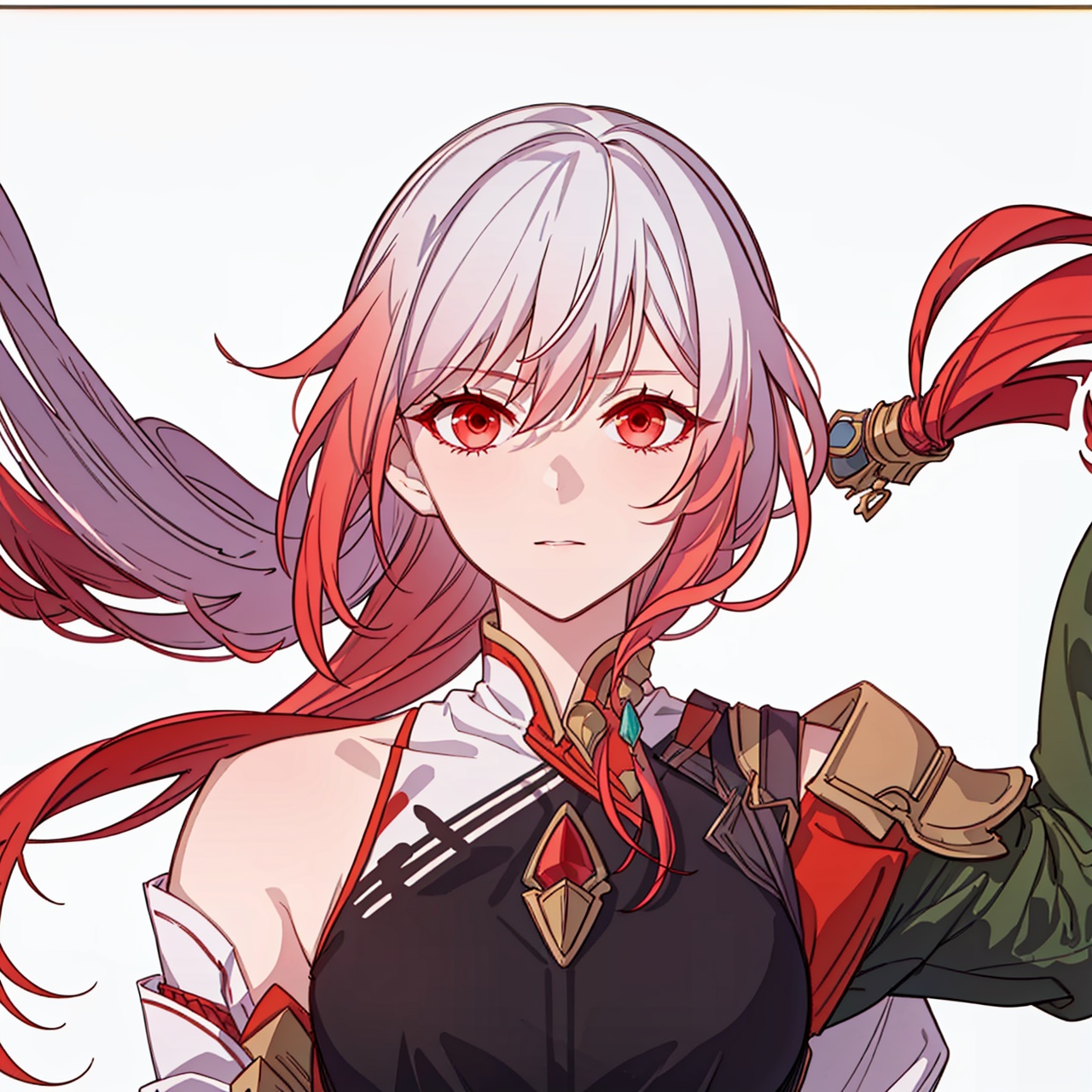  (masterpiece:1.3),(the best quality:1.2),(super fine illustrations:1.2),(Masterpiece),high quality,high detail,(white background:1.2),looking at viewer,(SOLO:1.4),outline,simplebackground,, long hair,detached sleeves,hair ornament,red eyes,bangs,hair between eyes,bare shoulders,chinese clothes,high heels,multicolored hair,dress,fu hua,wide sleeves,white dress,braid,china dress,white hair,jewelry,red hair,long sleeves,gem,streaked hair,