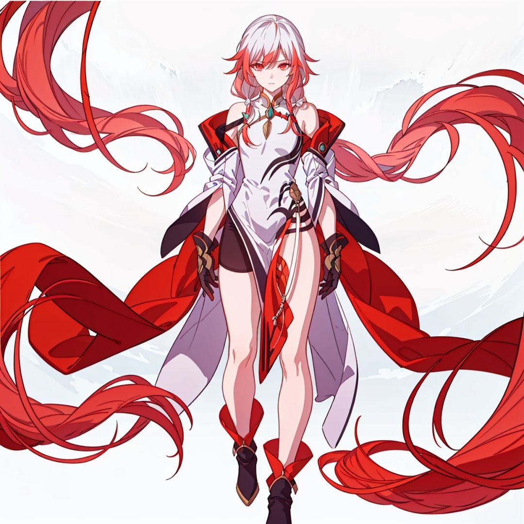 (masterpiece:1.3),(the best quality:1.2),(super fine illustrations:1.2),(Masterpiece),high quality,high detail,(white background:1.2),looking at viewer,(SOLO:1.4),outline,simplebackground,, long hair,detached sleeves,hair ornament,red eyes,bangs,hair between eyes,bare shoulders,chinese clothes,high heels,multicolored hair,dress,fu hua,wide sleeves,white dress,braid,china dress,white hair,jewelry,red hair,long sleeves,gem,streaked hair,