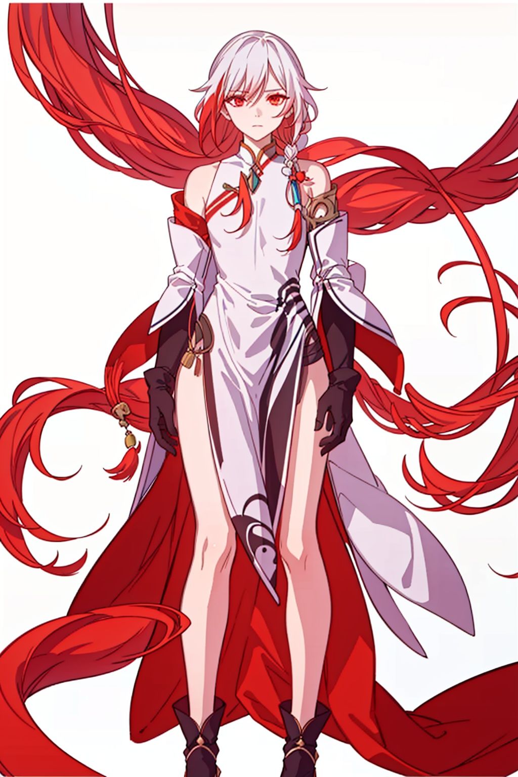 (masterpiece:1.3),(the best quality:1.2),(super fine illustrations:1.2),(Masterpiece),high quality,high detail,(white background:1.2),looking at viewer,(SOLO:1.4),outline,simple background,<lora:符华-炽翎东行:0.8>, long hair,detached sleeves,hair ornament,red eyes,bangs,hair between eyes,bare shoulders,chinese clothes,high heels,multicolored hair,dress,fu hua,wide sleeves,white dress,braid,china dress,white hair,jewelry,red hair,long sleeves,gem,streaked hair,