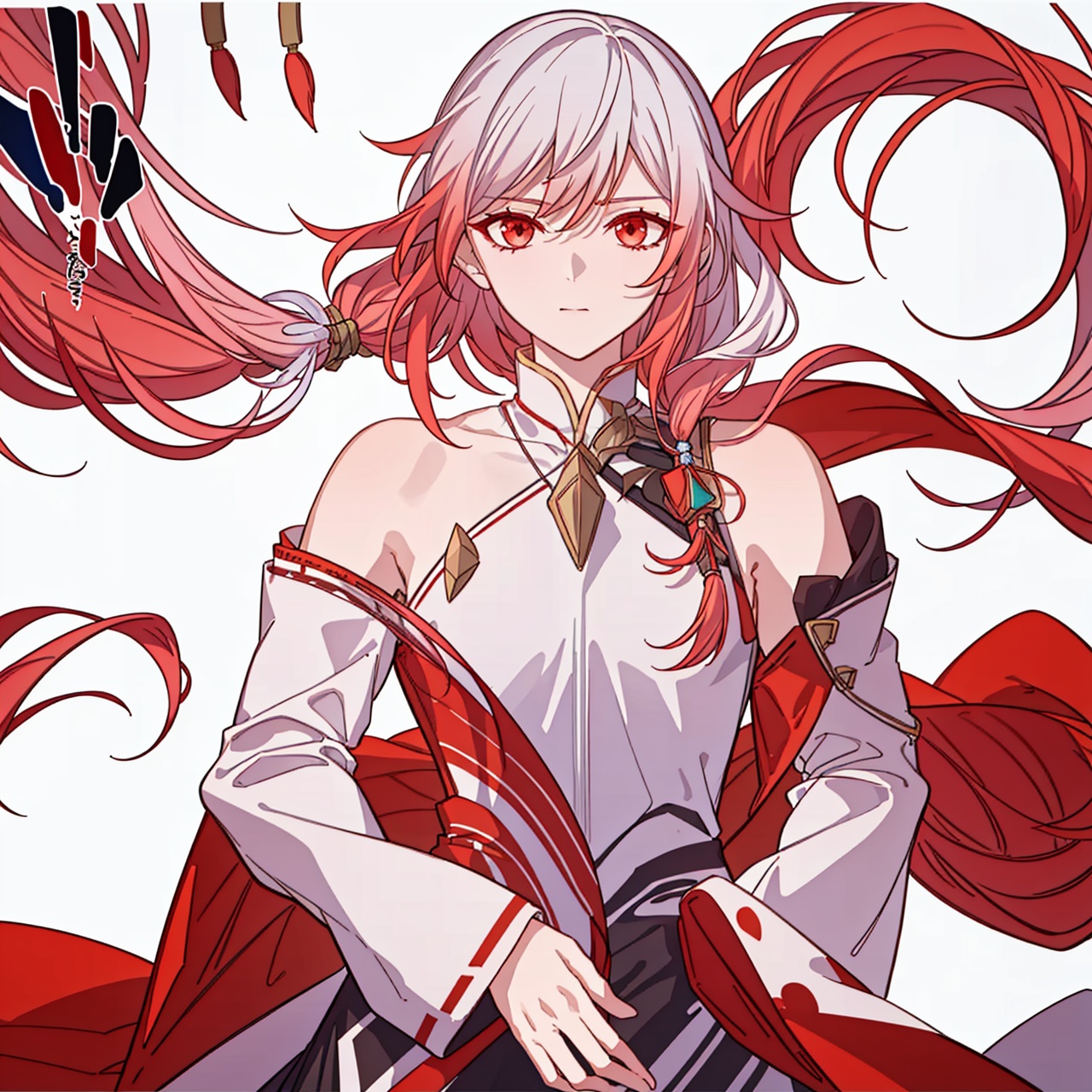  (masterpiece:1.3),(the best quality:1.2),(super fine illustrations:1.2),(Masterpiece),high quality,high detail,(white background:1.2),looking at viewer,(SOLO:1.4),outline,simplebackground,, long hair,detached sleeves,hair ornament,red eyes,bangs,hair between eyes,bare shoulders,chinese clothes,high heels,multicolored hair,dress,fu hua,wide sleeves,white dress,braid,china dress,white hair,jewelry,red hair,long sleeves,gem,streaked hair,
