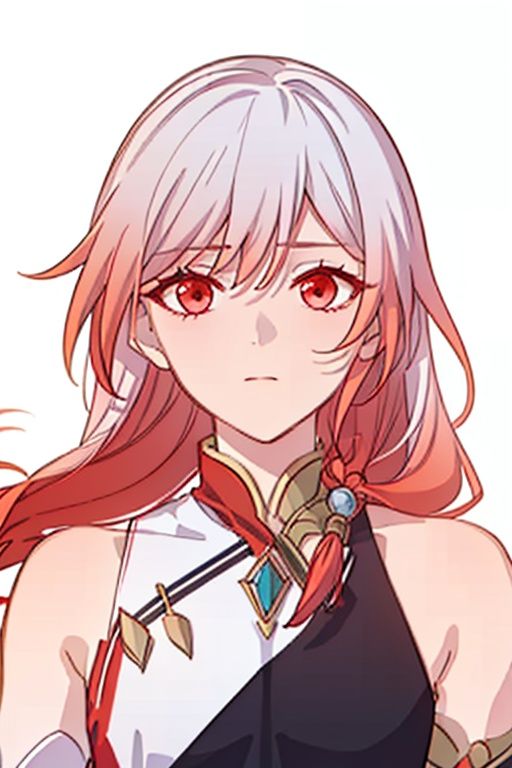 (masterpiece:1.3),(the best quality:1.2),(super fine illustrations:1.2),(Masterpiece),high quality,high detail,(white background:1.2),looking at viewer,(SOLO:1.4),outline,simple background,<lora:符华-炽翎东行:0.8>, long hair,detached sleeves,hair ornament,red eyes,bangs,hair between eyes,bare shoulders,chinese clothes,high heels,multicolored hair,dress,fu hua,wide sleeves,white dress,braid,china dress,white hair,jewelry,red hair,long sleeves,gem,streaked hair,