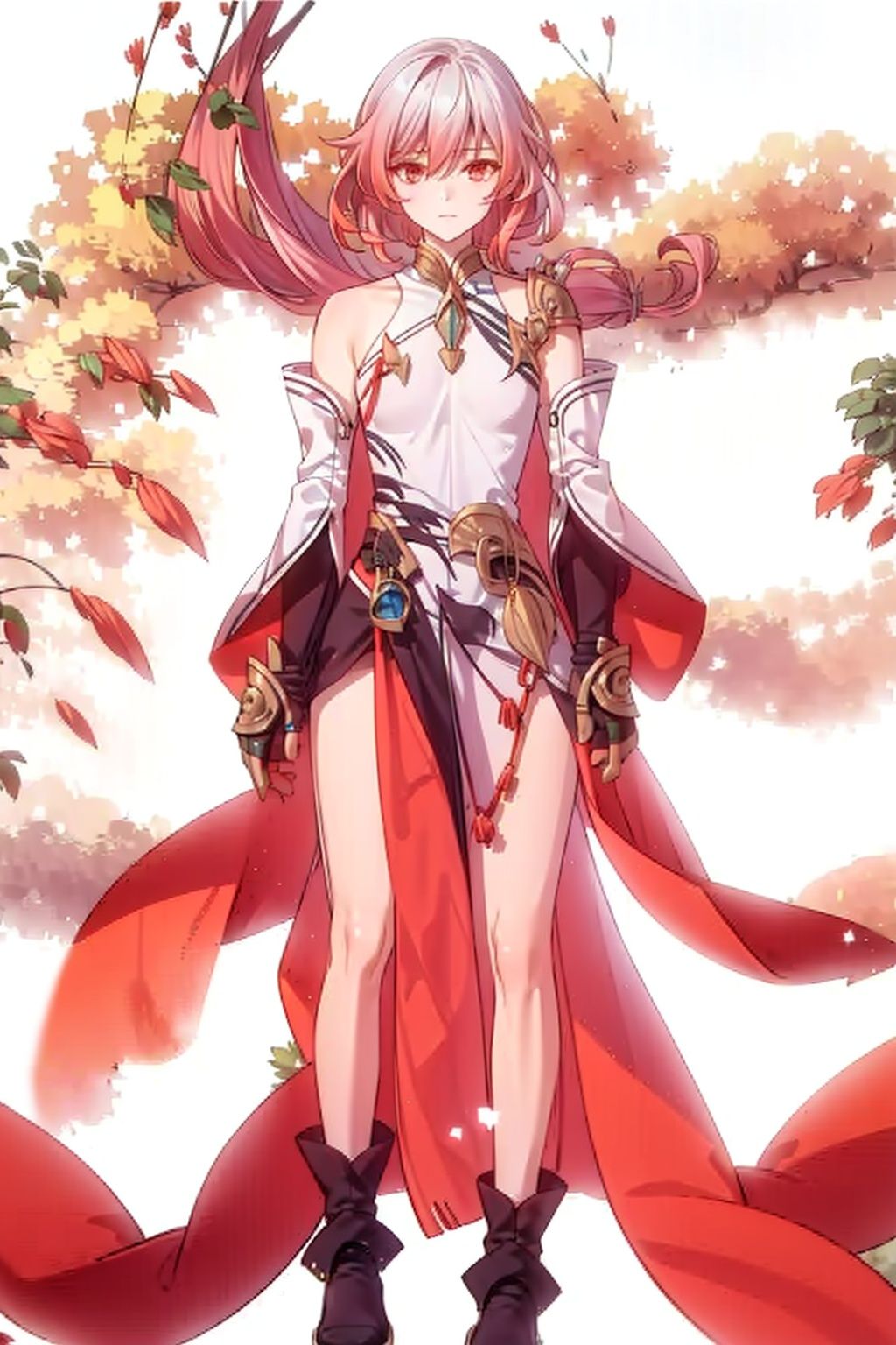 (masterpiece:1.3),(the best quality:1.2),(super fine illustrations:1.2),(Masterpiece),high quality,high detail,(white background:1.2),looking at viewer,(SOLO:1.4),outline,simplebackground,, long hair,detached sleeves,hair ornament,red eyes,bangs,hair between eyes,bare shoulders,chinese clothes,high heels,multicolored hair,dress,fu hua,wide sleeves,white dress,braid,china dress,white hair,jewelry,red hair,long sleeves,gem,streaked hair,