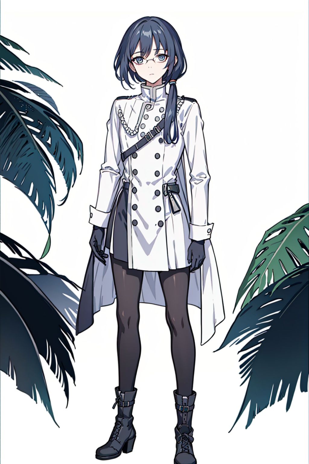 (masterpiece:1.3),(the best quality:1.2),(super fine illustrations:1.2),(Masterpiece),high quality,high detail,(white background:1.2),looking at viewer,(SOLO:1.4),outline,simple background,<lora:符华-圣痕之谜-常服:0.8>, military uniform,pantyhose,boots,bespectacled,low ponytail,military,soldier,hair_between_eyes,grey_hair,