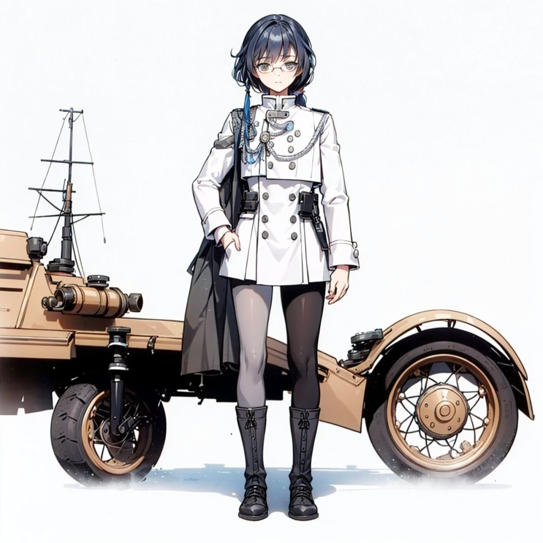 (masterpiece:1.3),(the best quality:1.2),(super fine illustrations:1.2),(Masterpiece),high quality,high detail,(white background:1.2),looking at viewer,(SOLO:1.4),outline,simplebackground,, military uniform,pantyhose,boots,bespectacled,low ponytail,military,soldier,hair_between_eyes,grey_hair,