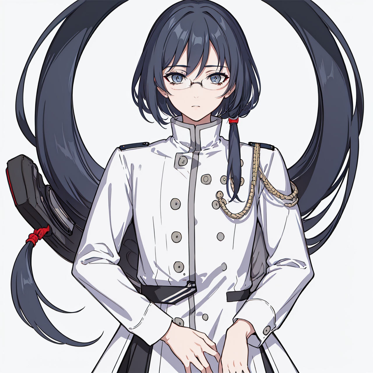  (masterpiece:1.3),(the best quality:1.2),(super fine illustrations:1.2),(Masterpiece),high quality,high detail,(white background:1.2),looking at viewer,(SOLO:1.4),outline,simplebackground,, military uniform,pantyhose,boots,bespectacled,low ponytail,military,soldier,hair_between_eyes,grey_hair,