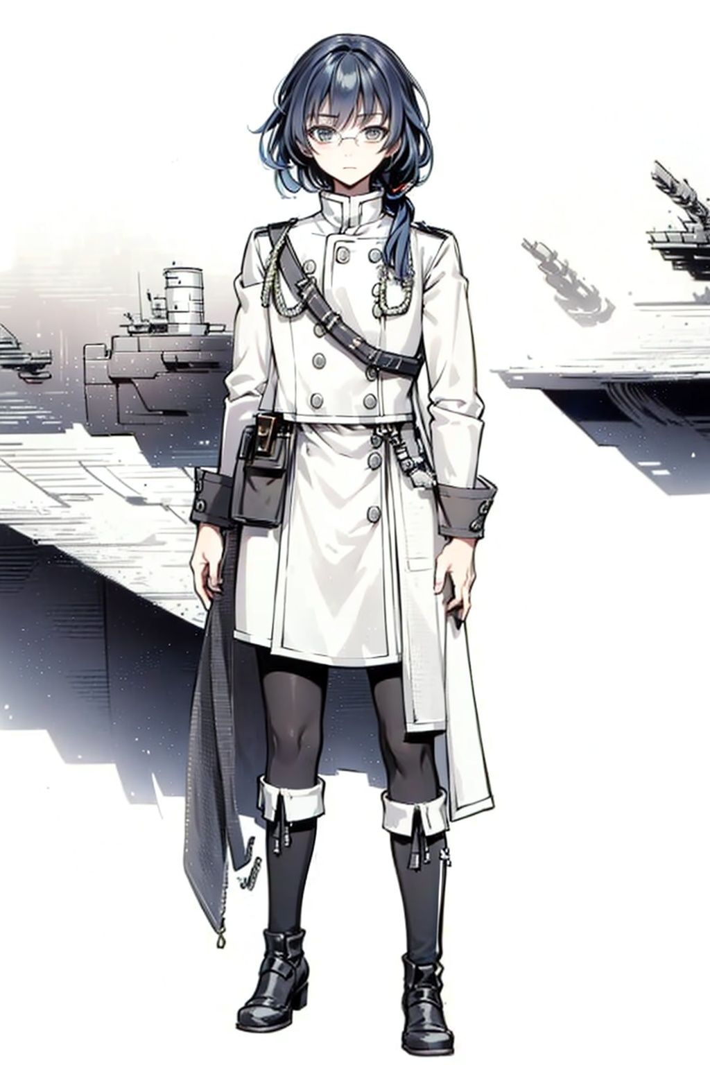 (masterpiece:1.3),(the best quality:1.2),(super fine illustrations:1.2),(Masterpiece),high quality,high detail,(white background:1.2),looking at viewer,(SOLO:1.4),outline,simplebackground,, military uniform,pantyhose,boots,bespectacled,low ponytail,military,soldier,hair_between_eyes,grey_hair,
