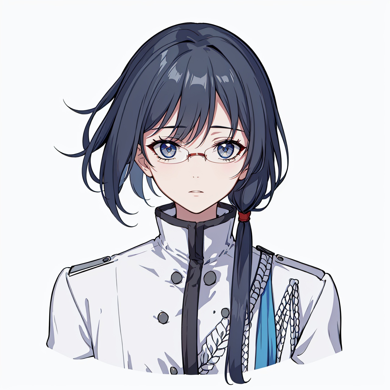  (masterpiece:1.3),(the best quality:1.2),(super fine illustrations:1.2),(Masterpiece),high quality,high detail,(white background:1.2),looking at viewer,(SOLO:1.4),outline,simplebackground,, military uniform,pantyhose,boots,bespectacled,low ponytail,military,soldier,hair_between_eyes,grey_hair,