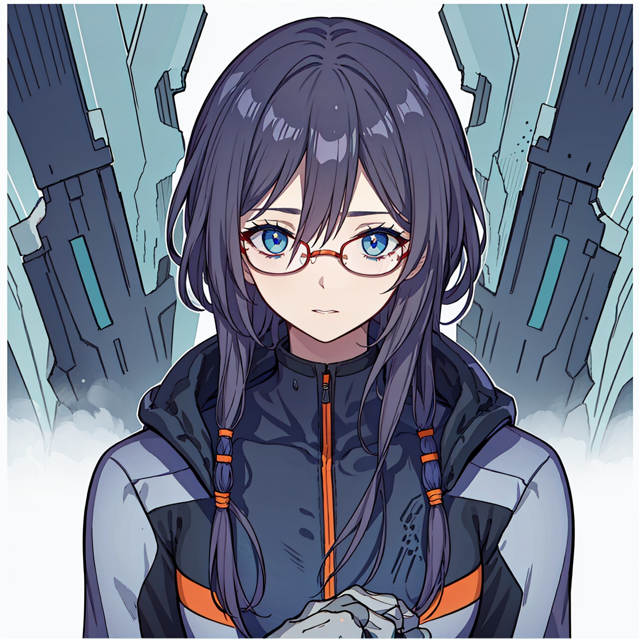  (masterpiece:1.3),(the best quality:1.2),(super fine illustrations:1.2),(Masterpiece),high quality,high detail,(white background:1.2),looking at viewer,(SOLO:1.4),outline,simplebackground,, blue eyes,hair between eyes,bodysuit,fu hua,helmet,black tight-fitting,leather suit,orenge pattern on body,black gloves,black boots,latex,orenge pattern,plugsuit,jewelry,glasses,